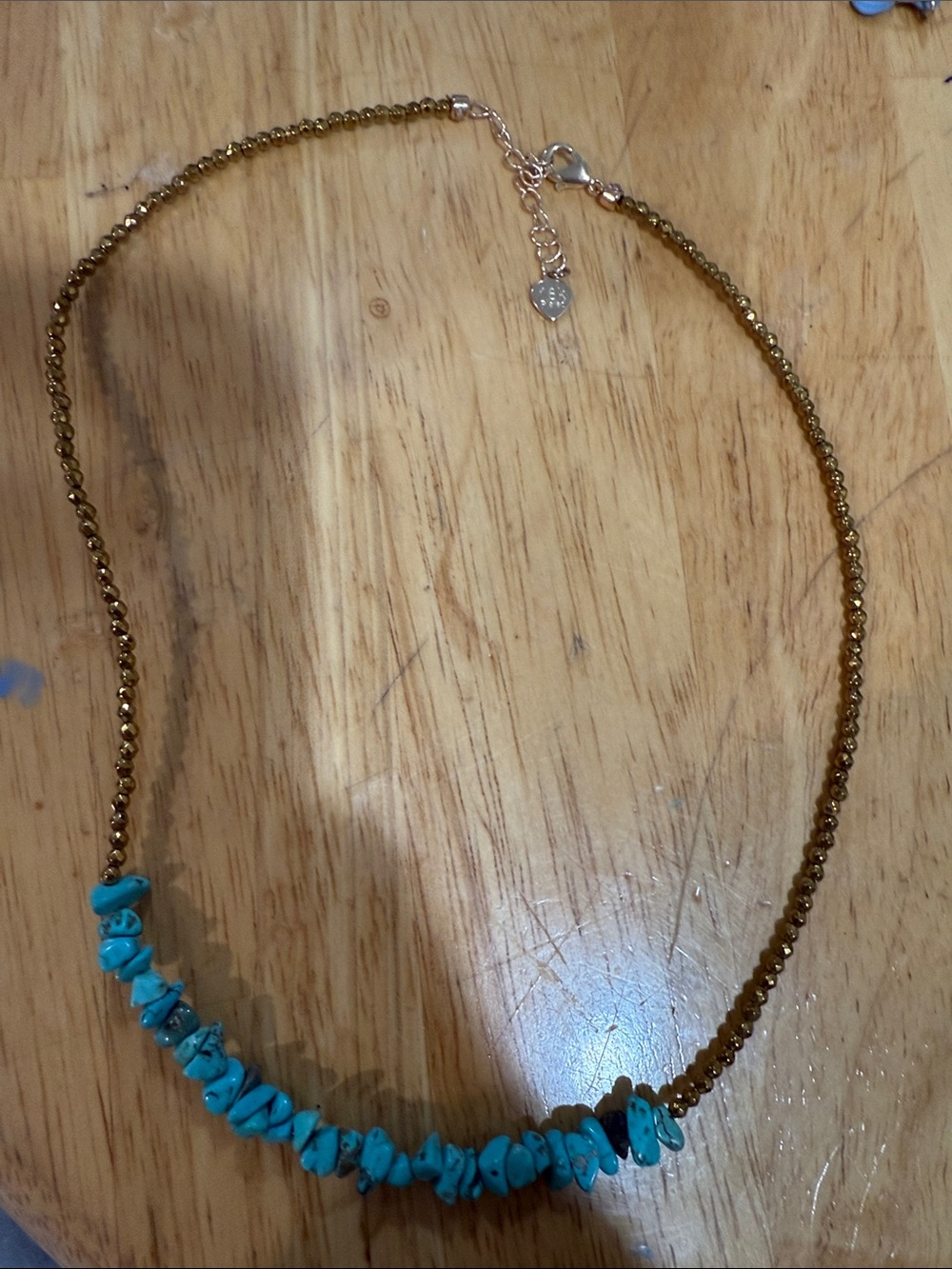 Gold Beaded Necklace with Turquoise Chip Accents